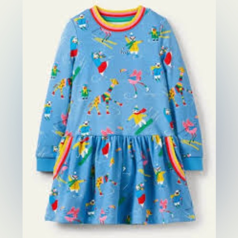Mini Boden girls size 3-4 Y blue animals winter sports sweatshirt dress